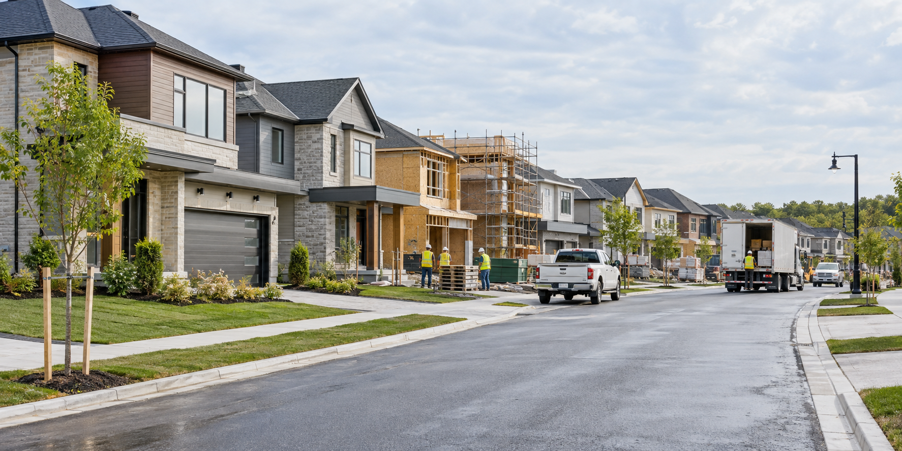 Active model home neighbourhood with construction workers and builder traffic